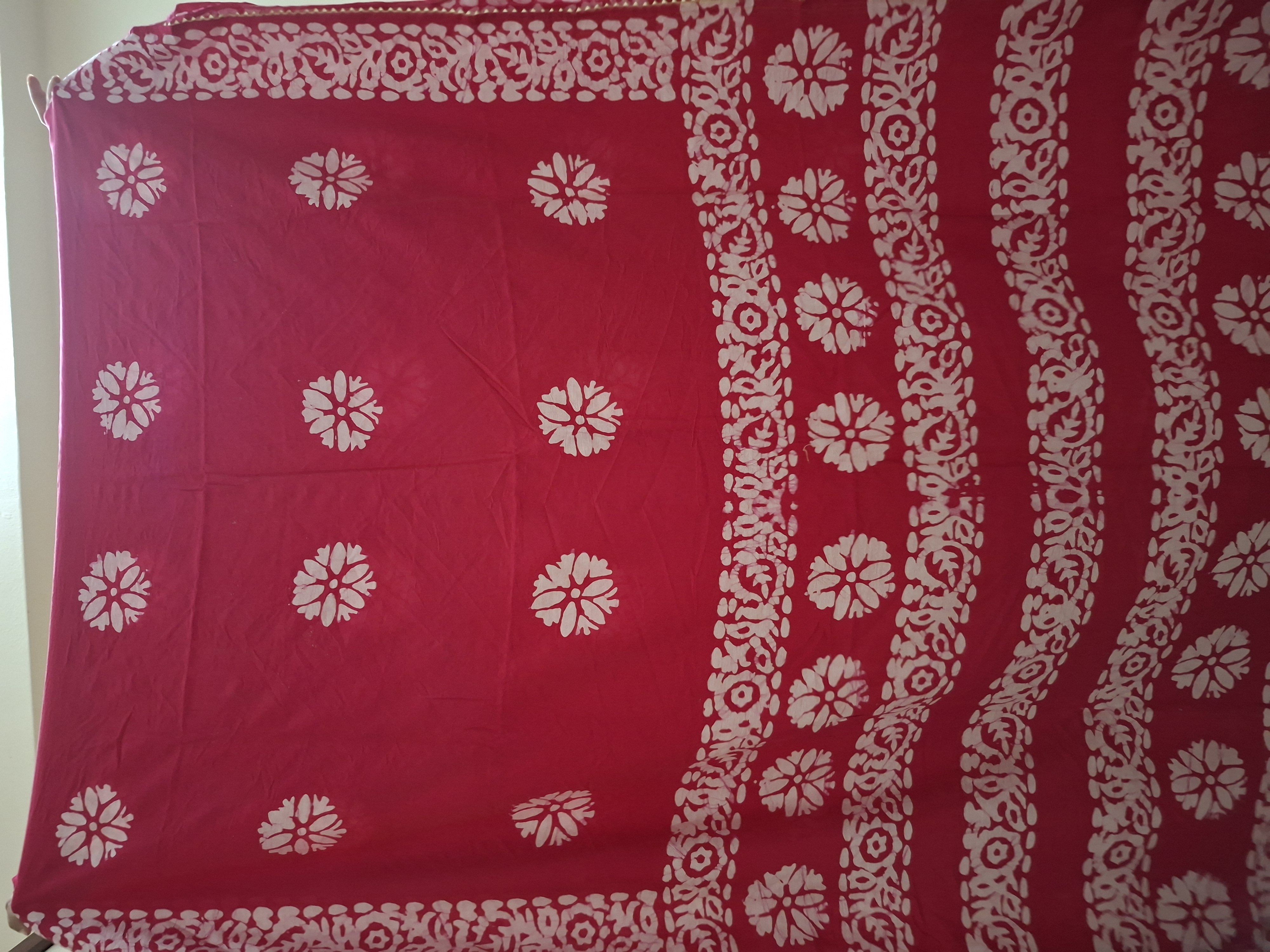 Red Batik Print with Golden Lace Saree