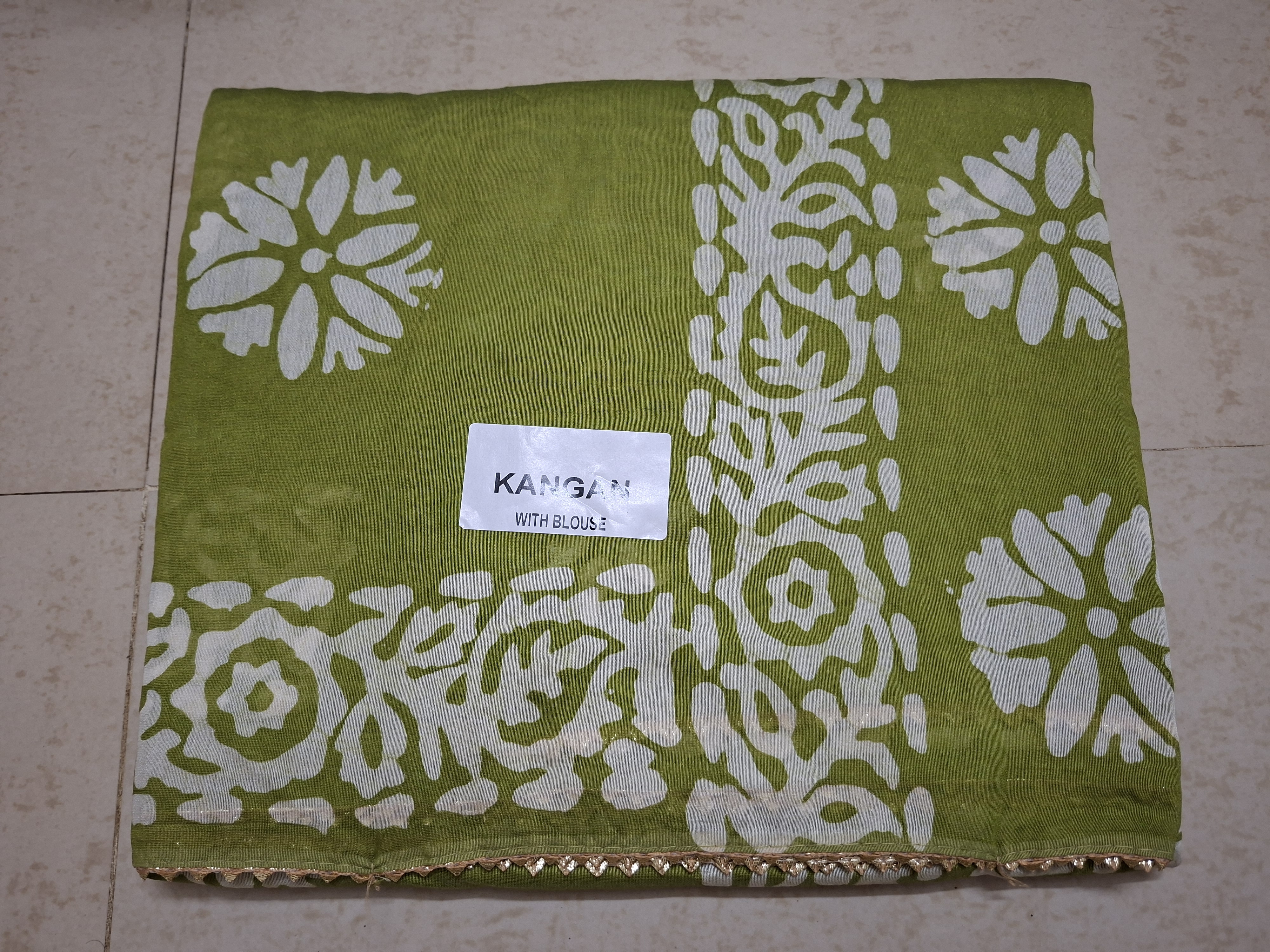 Light Green Batik Print with Golden Lace Saree