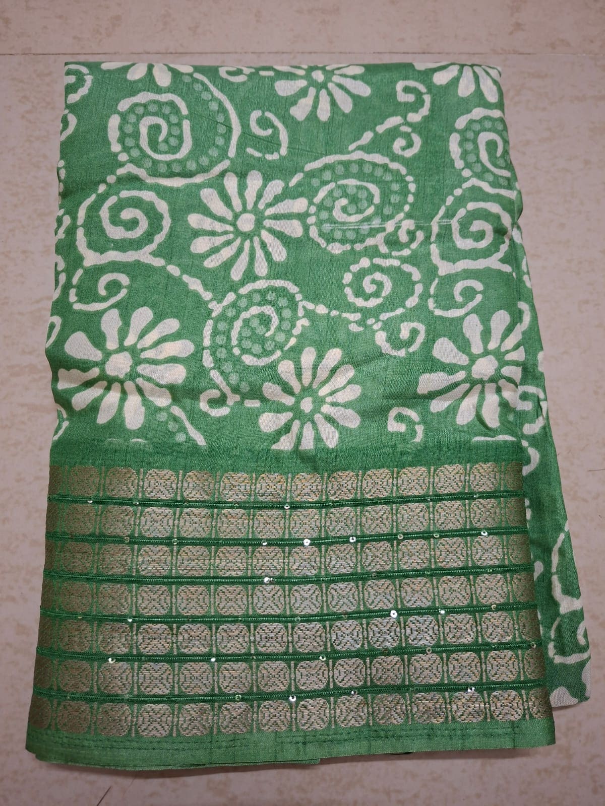 Dark Green Batik Print Jacquard Border Saree