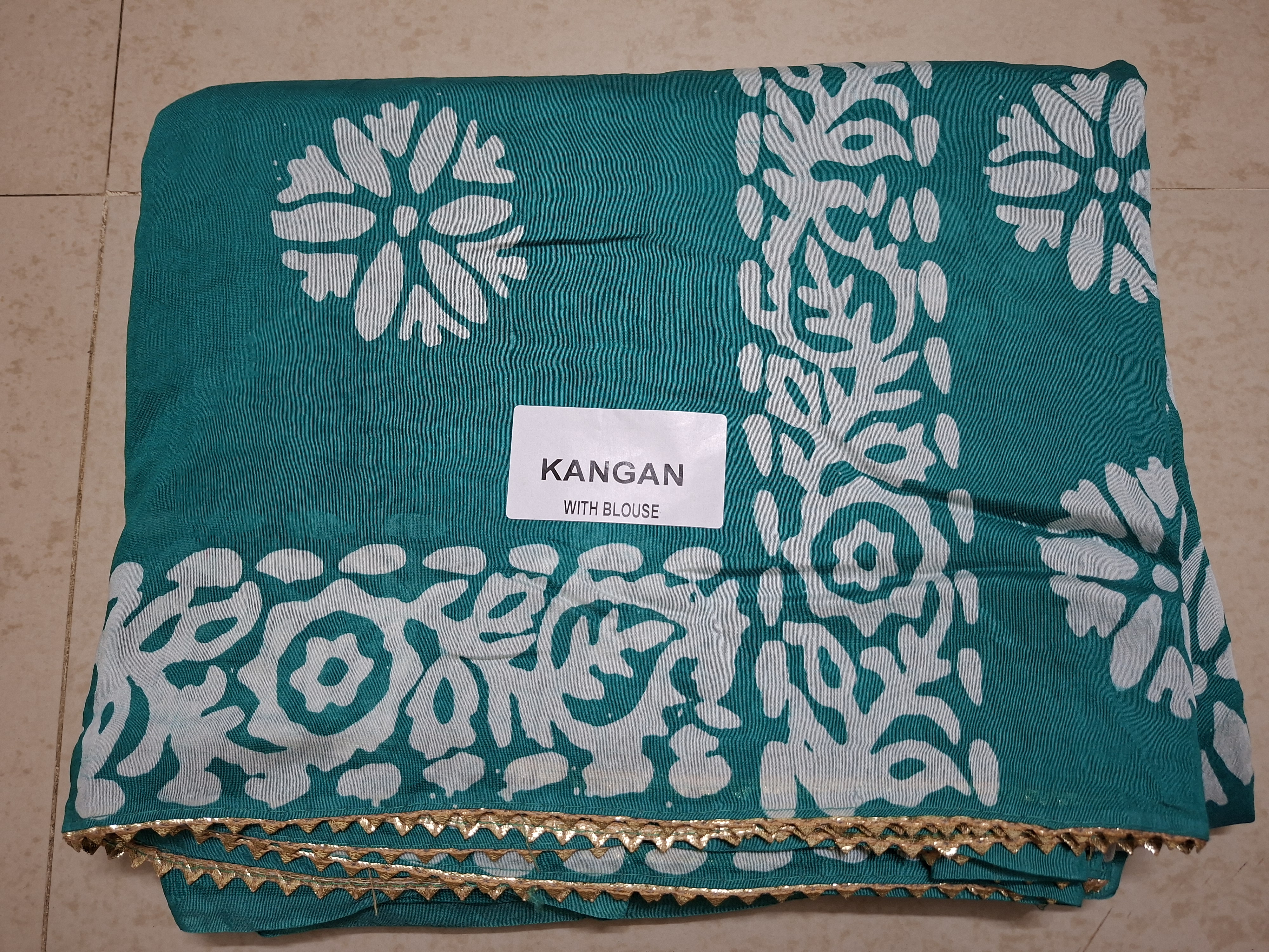 Dark Green Batik Print with Golden Lace Saree