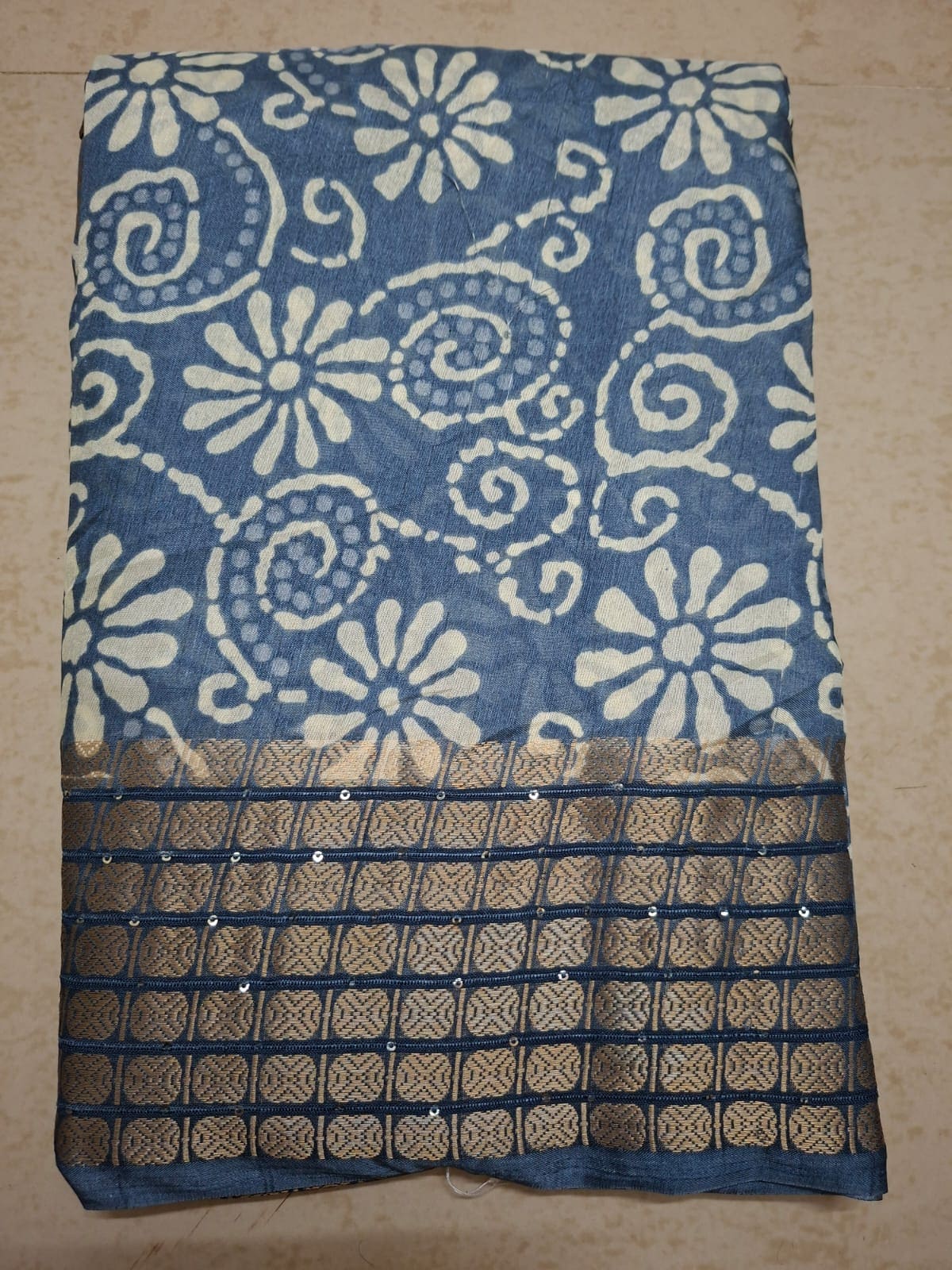 Navy Blue Batik Print Jacquard Border Saree