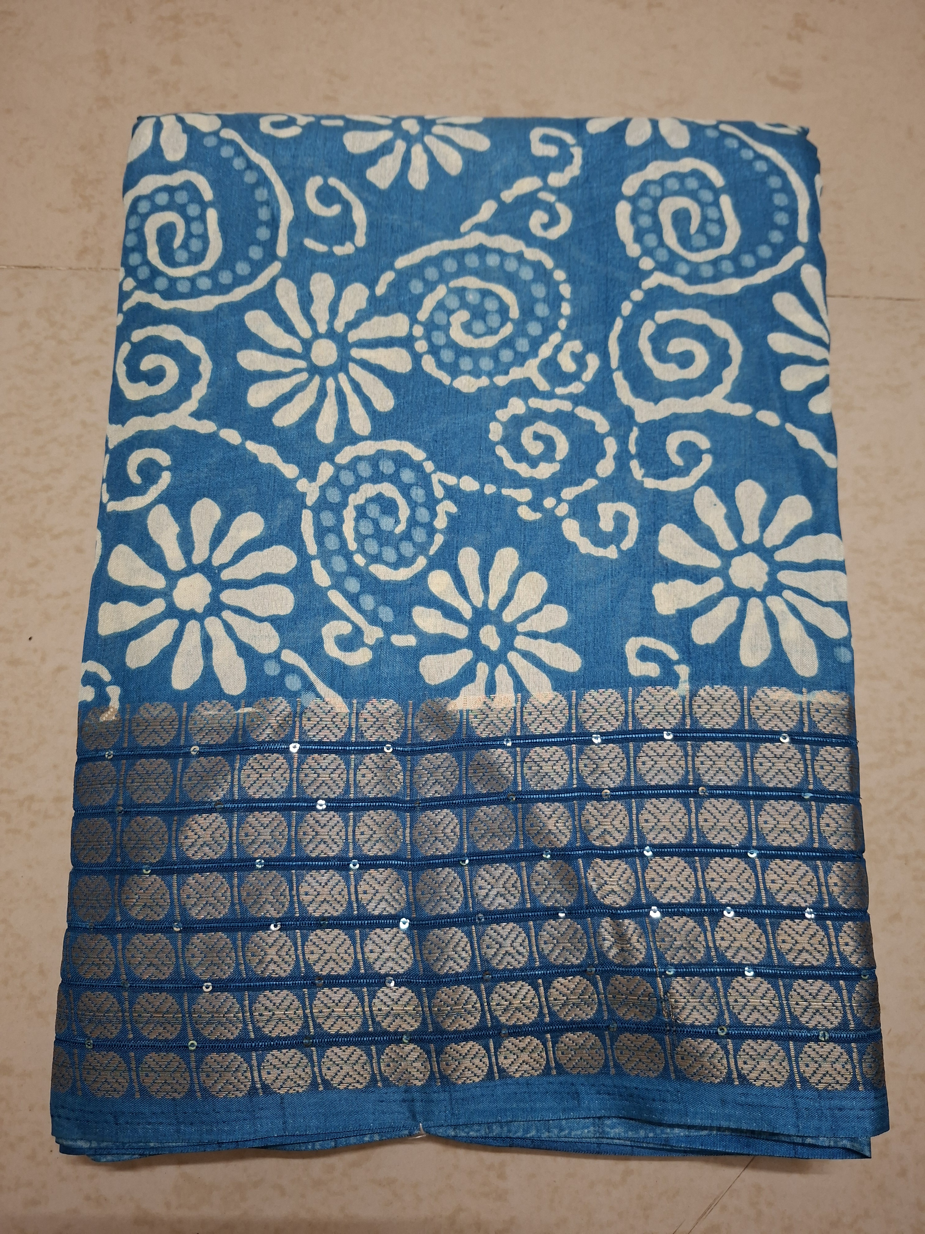 Blue Batik Print Jacquard Border Saree
