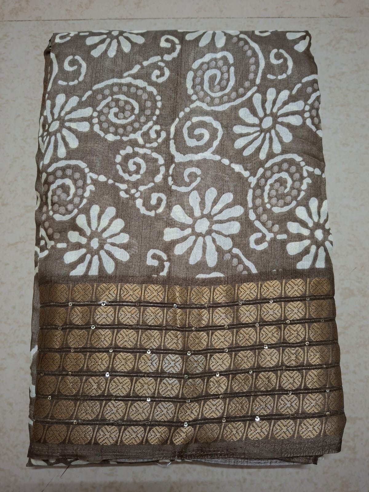 Brown Batik Print Jacquard Border Saree