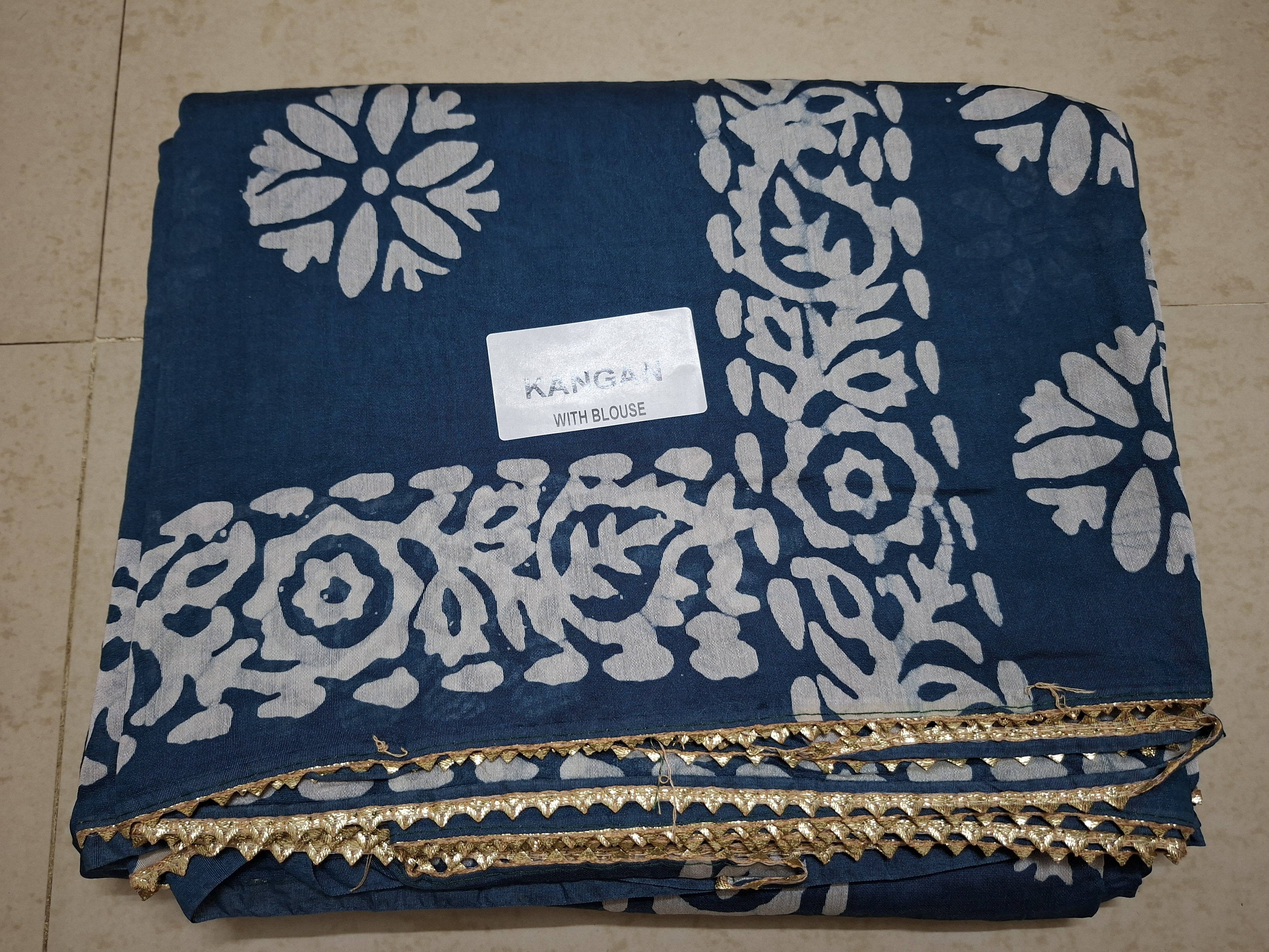 Navy Blue Batik Print with Golden Lace Saree