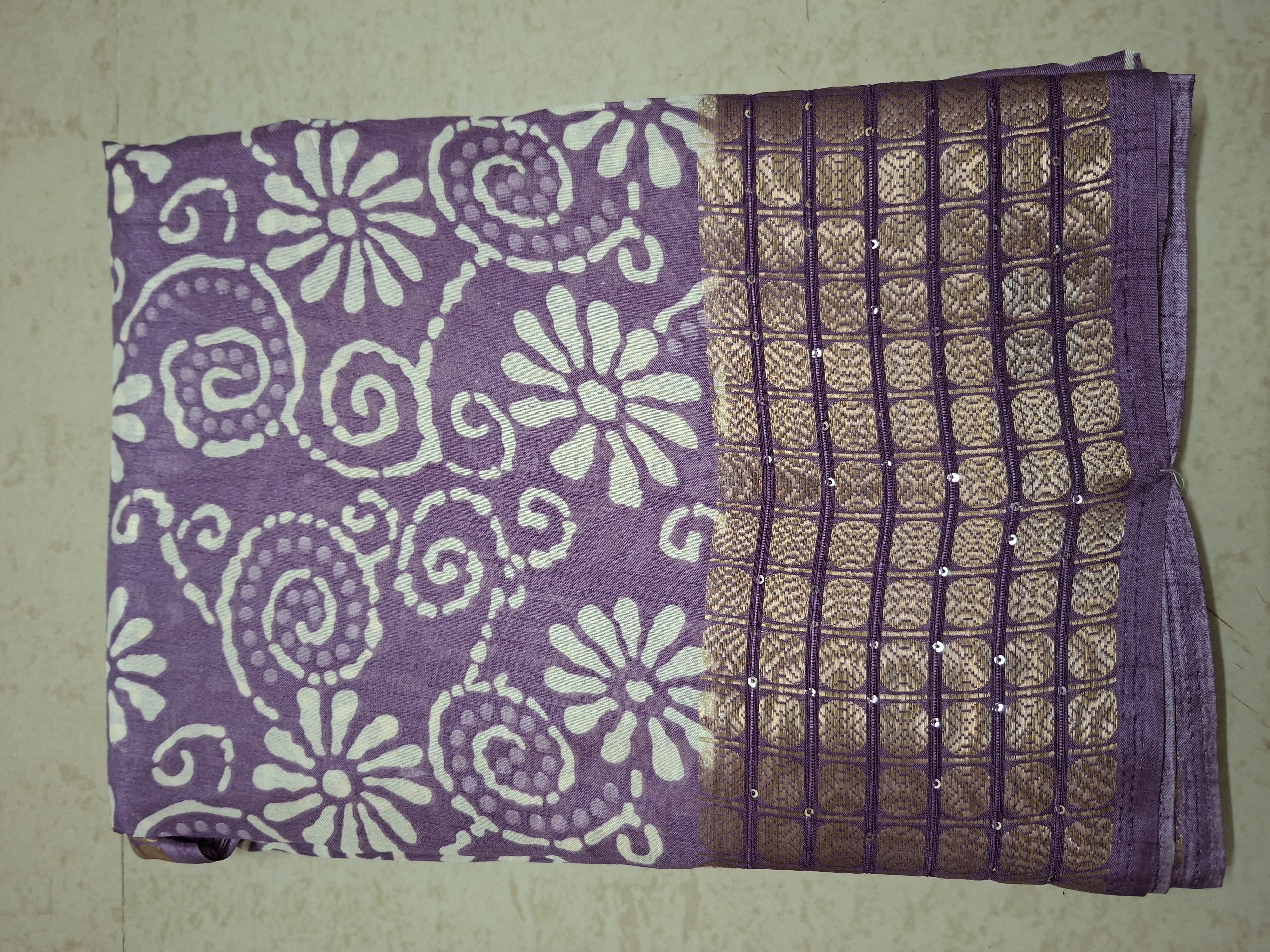 Purple Batik Print Jacquard Border Saree