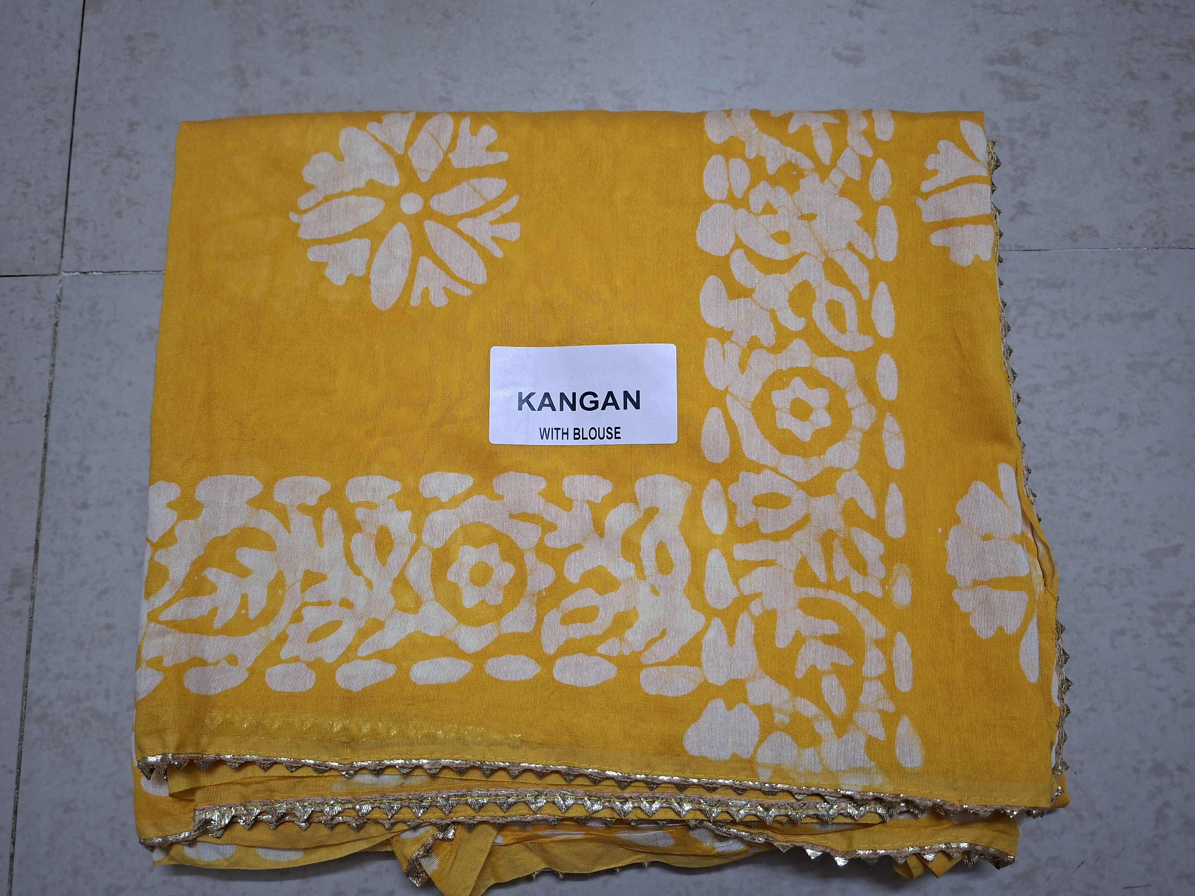 Yellow Batik Print with Golden Lace Saree