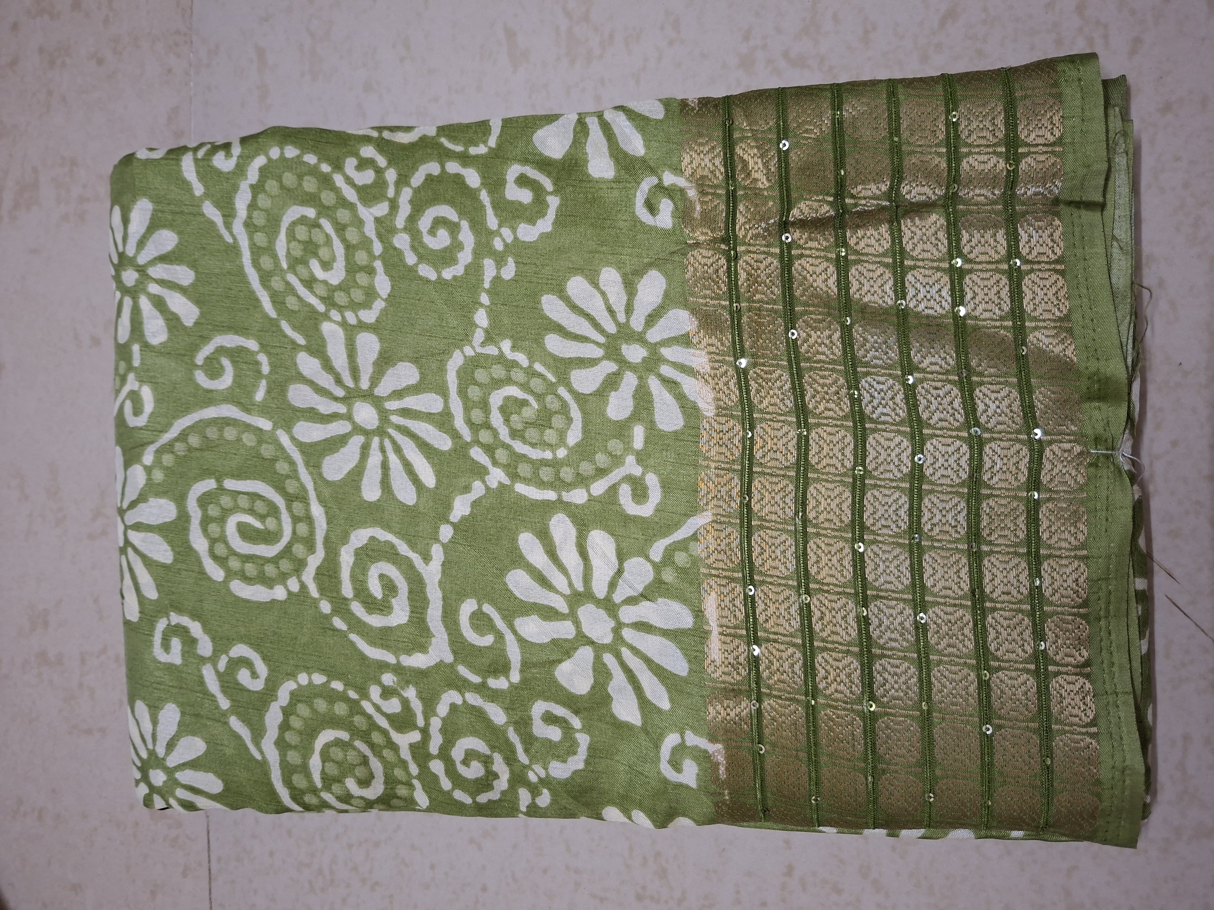 Light Green Batik Print Jacquard Border Saree